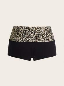 SHEIN ICON Leopard Print Foldover Waist Ultra Low Rise Super Short Mini Black Shorts - Apricot - View 2