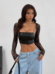 SHEIN EZwear 女式蕾丝透视短上衣，修身款，夏季 - 黑色 - 查看 5