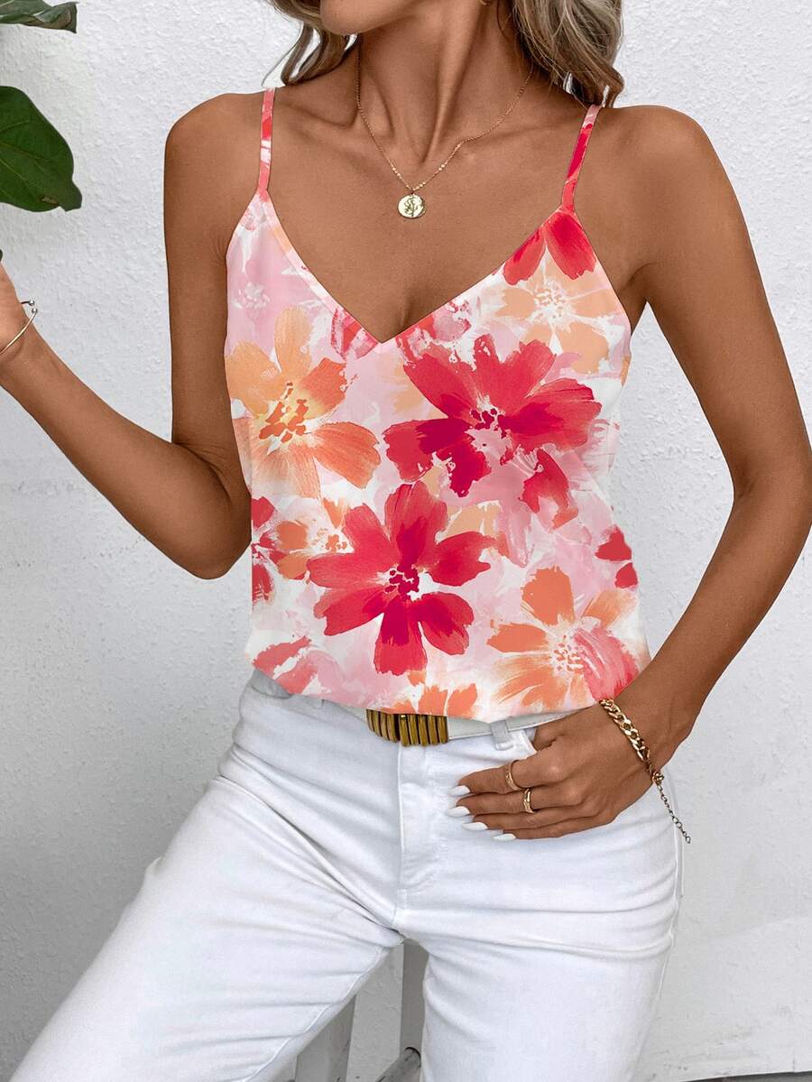SHEIN Clasi White Floral Floral Women's Minimalist Boho Tropical Cami Top Suitable For Summer Vacation - Burnt Orange - View 1