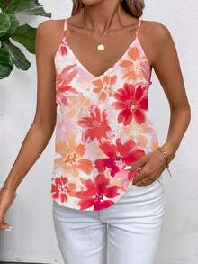 SHEIN Clasi White Floral Floral Women's Minimalist Boho Tropical Cami Top Suitable For Summer Vacation - Burnt Orange - View 5