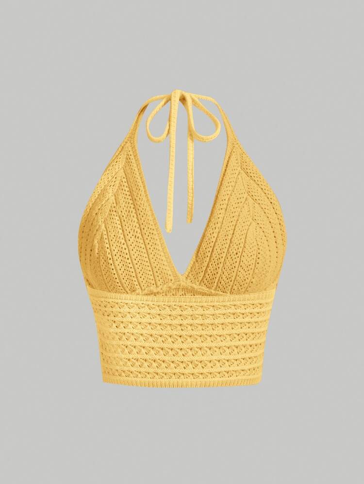 SHEIN MOD Top de punto suave con lazo al cuello y a la cintura, adecuado para festivales de música y la playa - Amarillo - Añade 2