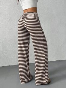 SHEIN EZwear 女款休閒白色與棕色折腰寬腿長褲，秋季居家棕色與白色條紋 - 咖啡棕 - 查看 3