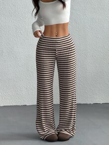 SHEIN EZwear 女款休閒白色與棕色折腰寬腿長褲，秋季居家棕色與白色條紋 - 咖啡棕 - 查看 4