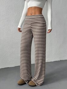 SHEIN EZwear 女款休閒白色與棕色折腰寬腿長褲，秋季居家棕色與白色條紋 - 咖啡棕 - 查看 5