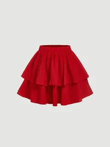 SHEIN MOD Women's Elastic Waist Solid Color Double Layer Cake Skirt Maximalist,Christmas,Party,New Year - Red - View 1