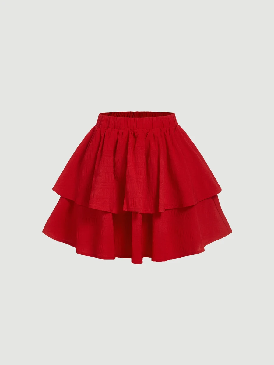 SHEIN MOD Women's Elastic Waist Solid Color Double Layer Cake Skirt Maximalist,Christmas,Party,New Year - Red - View 1
