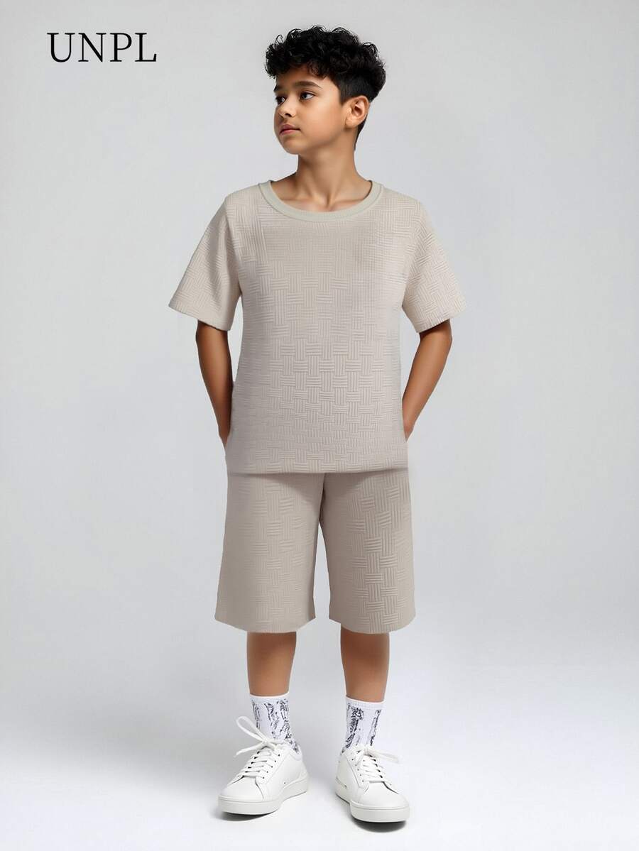 SHEIN Tween Boy Letter Patched Detail Tee & Shorts, School, Campus, College Summer Holiday - Apricot - View 1