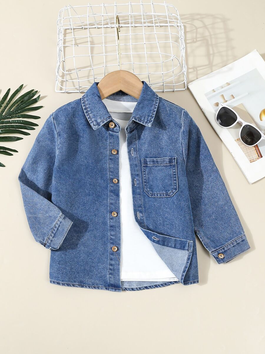 Young Boy Casual Solid Washed Relaxed Fit Denim Top, Autumn Chic For Autumn/Winter Fall - Dark Wash - View 1