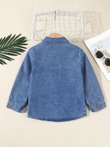 Niño pequeño Casual Sólido Lavado Ajuste relajado Parte superior de mezclilla, Elegante para otoño/invierno - Azul lavado oscuro - Ver 2