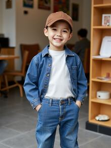 Niño pequeño Casual Sólido Lavado Ajuste relajado Parte superior de mezclilla, Elegante para otoño/invierno - Azul lavado oscuro - Ver 6