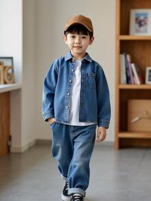 Niño pequeño Casual Sólido Lavado Ajuste relajado Parte superior de mezclilla, Elegante para otoño/invierno - Azul lavado oscuro - Ver 5