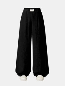 SHEIN Tween Girls' Relaxed Fit Wide Leg Casual Pocketed Black Polyester Lightweight Breathable Easy-Care Pants Embroidered Tag Accent Fall Activewear - Black - View 2