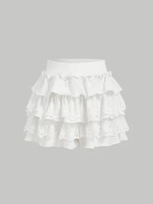 SHEIN MOD Women's White Lace Patchwork Ruffled Hem Knit Shorts Skirt Women Short Set Ruffled Skirt Skirts With Shorts White Ruffle Skirt Skirt With Shorts - White - View 1