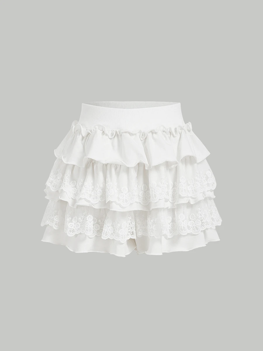 SHEIN MOD Women's White Lace Patchwork Ruffled Hem Knit Shorts Skirt Women Short Set Ruffled Skirt Skirts With Shorts White Ruffle Skirt Skirt With Shorts - White - View 1