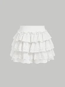 SHEIN MOD Women's White Lace Patchwork Ruffled Hem Knit Shorts Skirt Women Short Set Ruffled Skirt Skirts With Shorts White Ruffle Skirt Skirt With Shorts - White - View 2