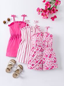 SHEIN 3pcs/Pack Young Girl Summer Casual Ruffled Trim Button Decor Spaghetti Strap Jumpsuit, School, Campus, College - Hot Pink - View 2
