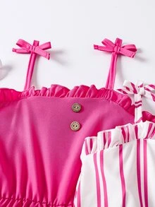 SHEIN 3pcs/Pack Young Girl Summer Casual Ruffled Trim Button Decor Spaghetti Strap Jumpsuit, School, Campus, College - Hot Pink - View 4