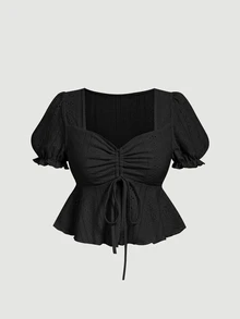 SHEIN MOD Puff Sleeve Gathered Waist Ruffled Hem Jacquard Fabric Black T-Shirt - Black - View 1