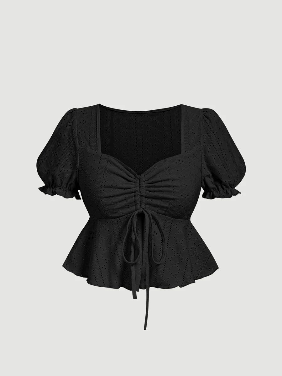 SHEIN MOD Puff Sleeve Gathered Waist Ruffled Hem Jacquard Fabric Black T-Shirt - Black - View 1