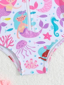 White Cute Newborn Baby Girl Mermaid Print One-Piece Swimsuit With Hat,Ruffled Knit Fabric Swimwear For Summer Vacation Holiday Tropical Beach Clothes - Multicolor - View 4