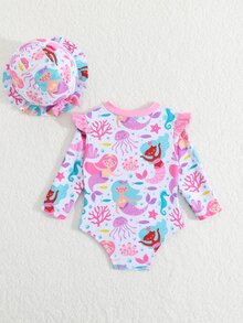 White Cute Newborn Baby Girl Mermaid Print One-Piece Swimsuit With Hat,Ruffled Knit Fabric Swimwear For Summer Vacation Holiday Tropical Beach Clothes - Multicolor - View 3