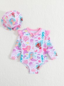 White Cute Newborn Baby Girl Mermaid Print One-Piece Swimsuit With Hat,Ruffled Knit Fabric Swimwear For Summer Vacation Holiday Tropical Beach Clothes - Multicolor - View 6