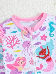 White Cute Newborn Baby Girl Mermaid Print One-Piece Swimsuit With Hat,Ruffled Knit Fabric Swimwear For Summer Vacation Holiday Tropical Beach Clothes - Multicolor - View 5