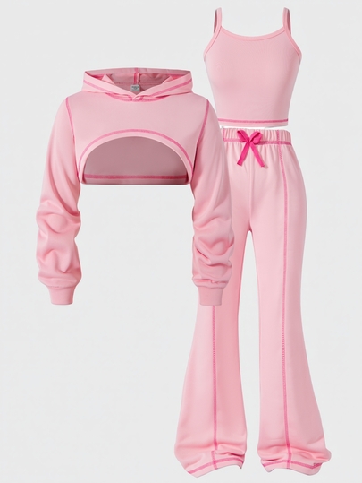 SHEIN Sparklyn Tween Girls Y2K Streetwear Contrast Stitch Solid Pink Cami & Shrug Hoodie With Bow Detail Flare Pants 3pcs Fall Sweatsuit Set Autumn/Winter