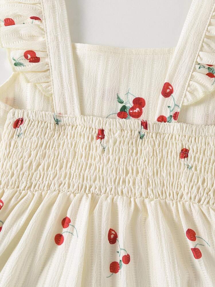 Genkimix Kids 1 Pc Vintage Casual Slim-Fit Unique Cherry All-Over Print Romper, Suitable For Outdoor Activities And School In Summer - Apricot - View 8