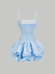 SHEIN MOD Women's Blue Fitted Ruched Bubble Hem Organza Mini Dress,Valentine Day - Blue - View 2
