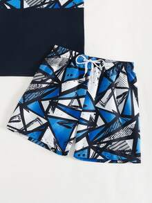 SHEIN Tween Boys Geometric Print Swimsuit Set,Short-Sleeved Top + Printed Beach Shorts Two-Piece Set,Surfing Suit - Navy Blue - View 5