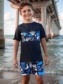 SHEIN Tween Boys Geometric Print Swimsuit Set,Short-Sleeved Top + Printed Beach Shorts Two-Piece Set,Surfing Suit - Navy Blue - View 1