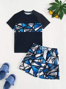SHEIN Tween Boys Geometric Print Swimsuit Set,Short-Sleeved Top + Printed Beach Shorts Two-Piece Set,Surfing Suit - Navy Blue - View 3