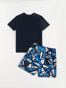 SHEIN Tween Boys Geometric Print Swimsuit Set,Short-Sleeved Top + Printed Beach Shorts Two-Piece Set,Surfing Suit - Navy Blue - View 2