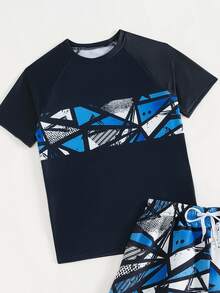 SHEIN Tween Boys Geometric Print Swimsuit Set,Short-Sleeved Top + Printed Beach Shorts Two-Piece Set,Surfing Suit - Navy Blue - View 6