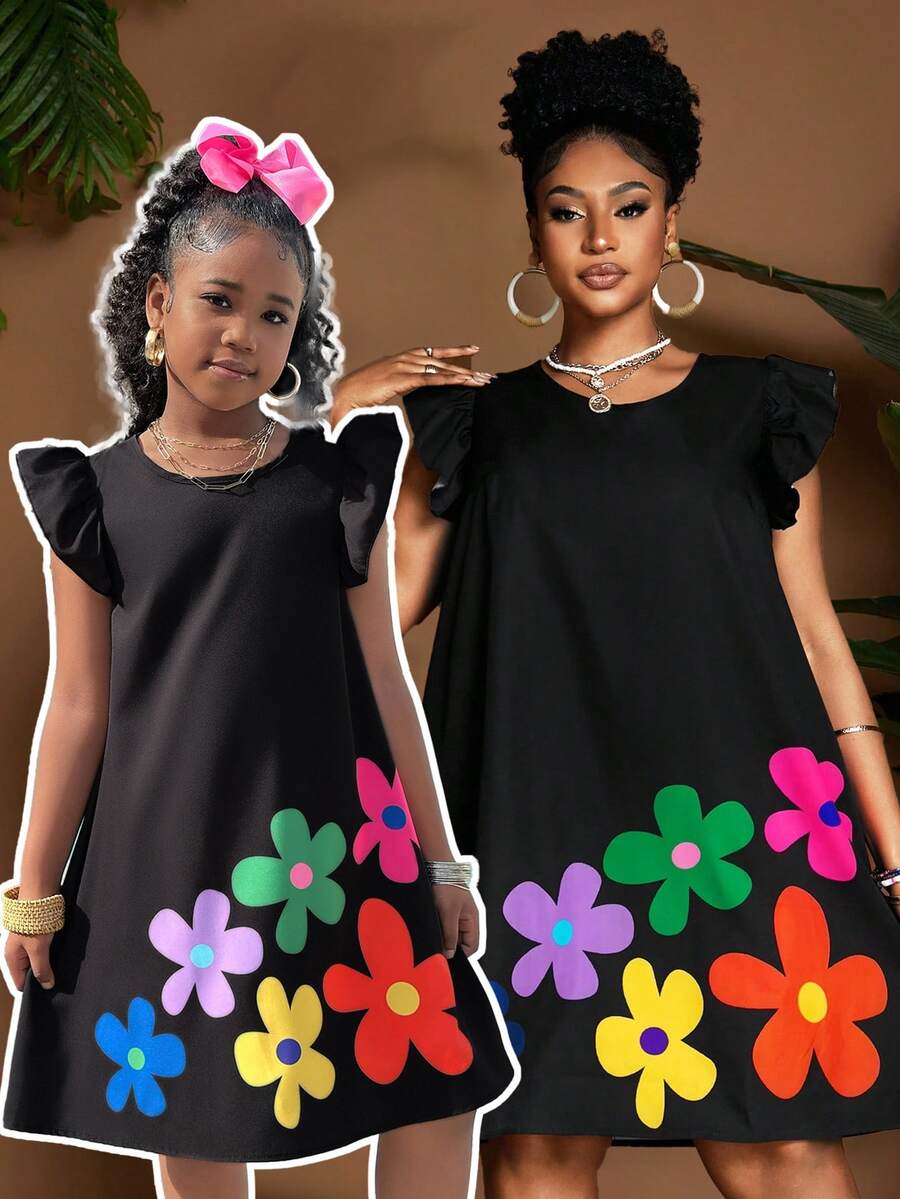 SHEIN Tween Girls' Tropical Floral Ruffle Hem Round Neck Mini Dress For Beach Party Birthday Vacation, Mommy Me, Outfit Black Floral Summer Cute Casual - Black - View 1