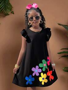 SHEIN Tween Girls' Tropical Floral Ruffle Hem Round Neck Mini Dress For Beach Party Birthday Vacation, Mommy Me, Outfit Black Floral Summer Cute Casual - Black - View 3