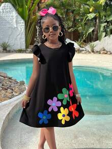 SHEIN Tween Girls' Tropical Floral Ruffle Hem Round Neck Mini Dress For Beach Party Birthday Vacation, Mommy Me, Outfit Black Floral Summer Cute Casual - Black - View 5