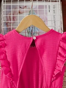 SHEIN 女童休闲百搭荷叶边下摆镂空后背抽绳腰长裤连体裤，适合海滩度假和日常穿着 - 玫紅色 - 查看 4