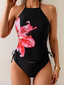 SHEIN Swim Women's Floral Print Spaghetti Strap Fashion Tankini Swimwear For Summer Beach Vacation - Multicolor - View 3