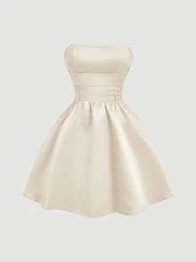SHEIN MOD Short Dress For Women With Red Side Bowknot Bandeau,White Graduation Dress - Beige - View 4
