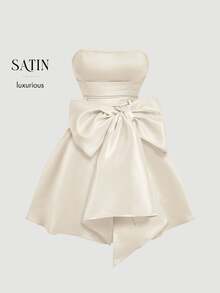 SHEIN MOD Short Dress For Women With Red Side Bowknot Bandeau,White Graduation Dress - Beige - View 8