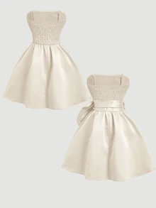 SHEIN MOD Short Dress For Women With Red Side Bowknot Bandeau,White Graduation Dress - Beige - View 7