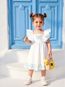 SHEIN Baby/Baby Girl Butterfly Embroidery Cap Sleeve Casual Vacation Dress - Blue - View 7