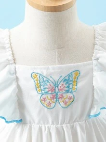 SHEIN Baby/Baby Girl Butterfly Embroidery Cap Sleeve Casual Vacation Dress - Blue - View 3