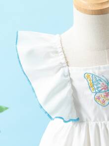 SHEIN Baby/Baby Girl Butterfly Embroidery Cap Sleeve Casual Vacation Dress - Blue - View 5