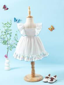 SHEIN Baby/Baby Girl Butterfly Embroidery Cap Sleeve Casual Vacation Dress - Blue - View 2