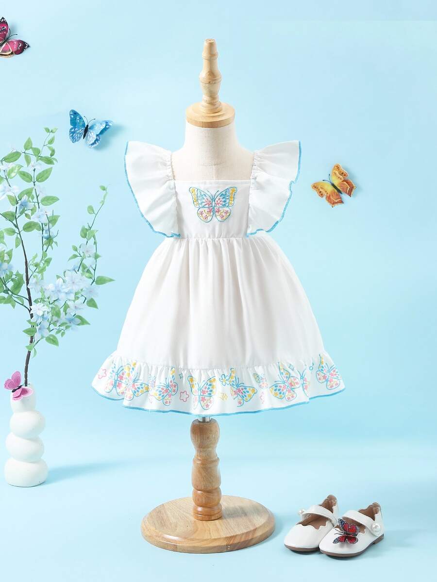SHEIN Baby/Baby Girl Butterfly Embroidery Cap Sleeve Casual Vacation Dress - Blue - View 1