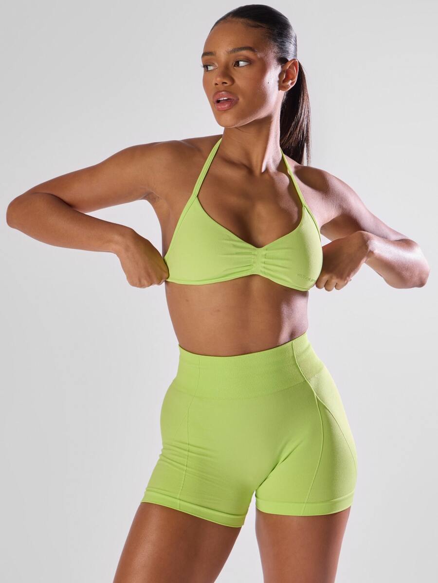 Musera Sport Solid Ruched Bust Open Back Halter Sports Bra, Active Comfy Workout Gym Running Gym Fitness Yoga Pilates Daily Casual - Mustard Yellow - View 1