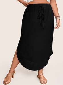 SHEIN LUNE Plus Tie Waist Curved Hem Solid Skirt Fall - Black - View 7